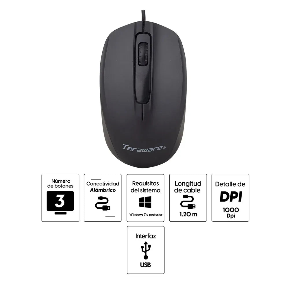 Mouse alámbrico Teraware PJT-M218, conexión usb, 1000 dpi, 3 botones, negro