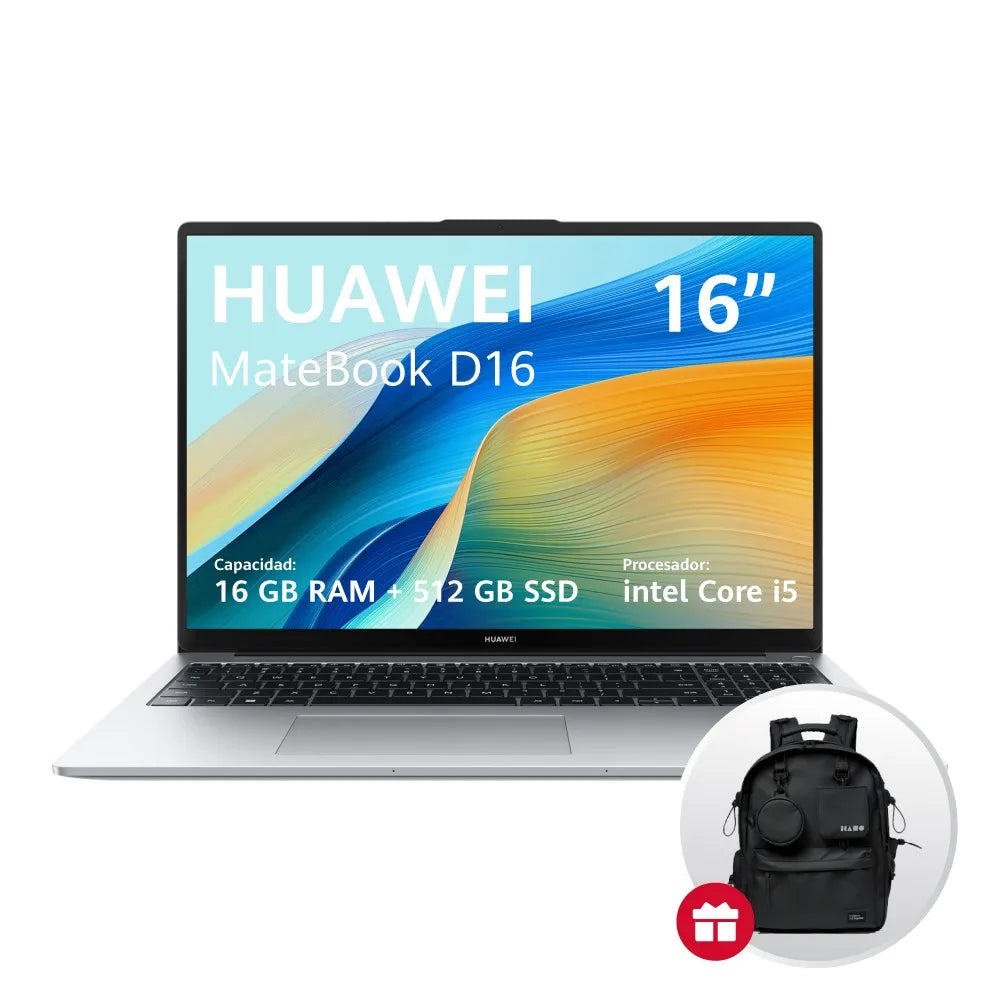 Laptop Huawei Matebook D16 WUXGA 12" Intel Core i5-12450H 512GB, 16GB ram, Win 11 H, teclado inglés, plateado + Mochila