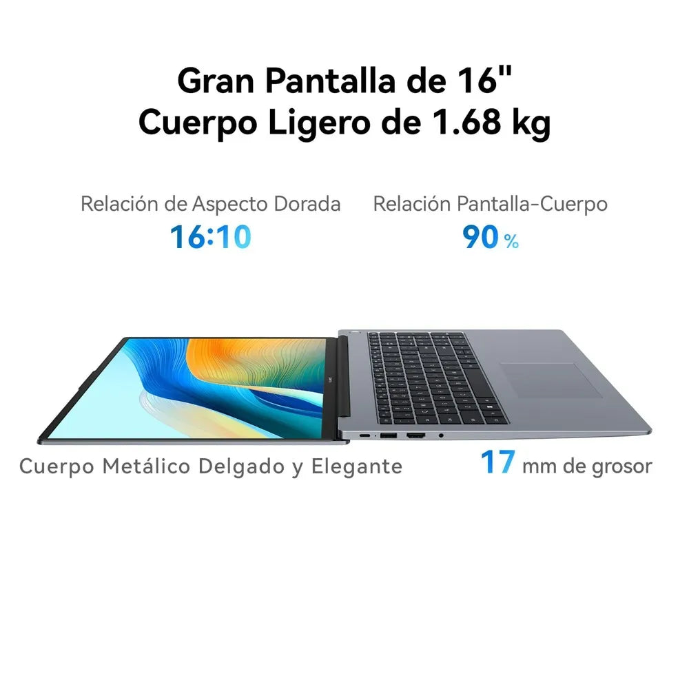 Laptop Huawei Matebook D16 WUXGA 12" Intel Core i5-12450H 512GB, 16GB ram, Win 11 H, teclado inglés, plateado + Mochila