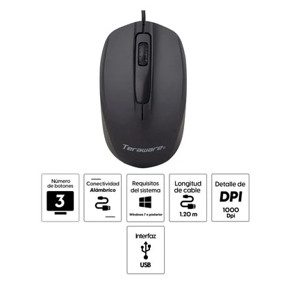 Mouse alámbrico Teraware PJT-M218, conexión usb, 1000 dpi, 3 botones, negro