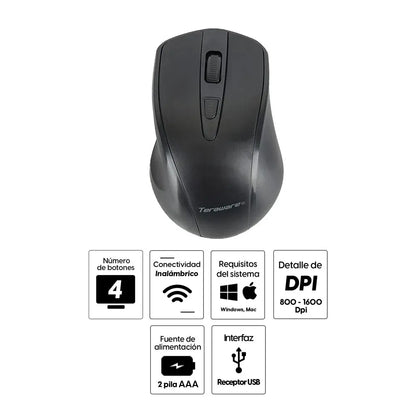 Mouse inalámbrico Teraware 4W019, receptor usb, 1600 dpi, 4 botones, usa pilas, negro
