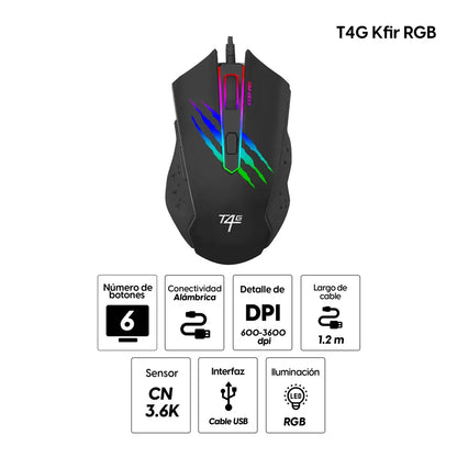 Mouse gamer T4G Kfir RGB alámbrico, conexión USB, 6 botones, 3600 dpi, negro